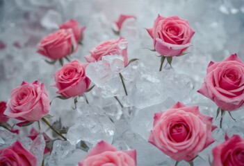 beautiful roses on a background of transparent ice