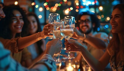 group of young socialites out to dinner at night having a toast with champagne  - obrazy, fototapety, plakaty