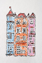 House sketch created with black ink and pencils. Color illustration on watercolor paper - 738608779