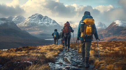 Hikers in hiking boots and layers of clothing ascend a rugged trail, snow-capped peaks looming in the distance - obrazy, fototapety, plakaty