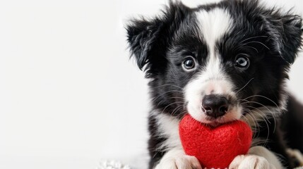 Valentine's Day Theme. Adorable Border Collie Puppy Holding a Red Heart in Its Mouth