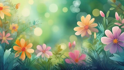 Illustration of colorful flowers in a field on a soft green blurred background with bokeh.