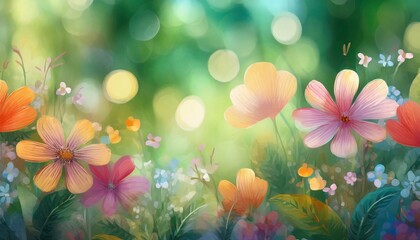 Bokeh effect and delicate multi-colored flowers on a green background of nature.