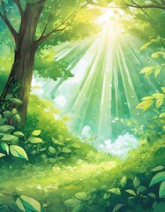 The green forest takes on an enchanting aura, animated by the soft touch of sun rays.
