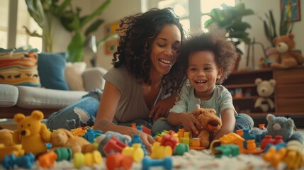 Joyful mother and child playing with toys
