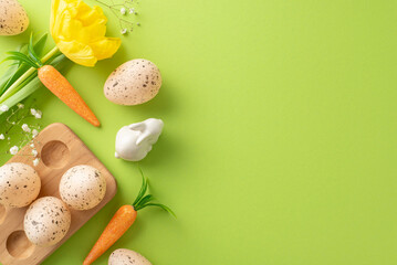 Spring Easter layout. Top view perspective photo of eggs in a holder, carrots for the bunny,...