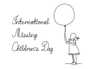 International Missing Childrens Day. Abstract girl with a ballooncontinuous single line art drawing sketch