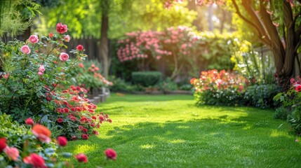 Beautiful bright background of a summer garden with a flowering rose bush
