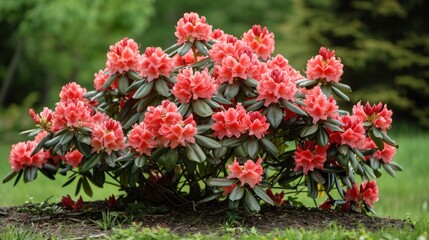 Beautiful bright background of a summer garden with a flowering red rhododendron bush