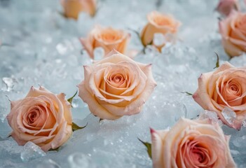 beautiful roses on a background of transparent ice, holiday congratulation card for a woman