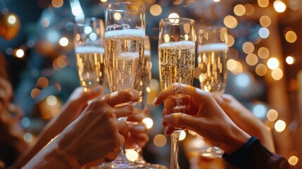 Obraz premium A close-up shot showcases champagne glasses as a group of elegantly dressed individuals celebrate