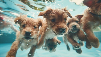 Funny underwater picture of puppies - obrazy, fototapety, plakaty