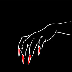 Fashion woman hand with long red nails abstract print continuous line drawing, single line on white background, isolated vector illustration.