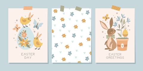 Fototapeta na wymiar Holiday Easter cards with cute bunnies, chick and floral background. Vector illustration