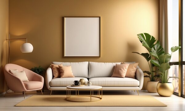 Mock up blank poster on the wall of the living room, 3D rendering, 3D illustration
