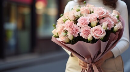 Great bouquet of pink chrysanthemum hydrangea and roses wrapped in paper in woman hands. Floral shop concept. Handsome fresh bouquet