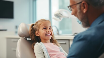 Fototapeta premium Hands of unrecognizable pediatric dentist making examination procedure for smiling cute little girl sitting on chair in hospital. Dentist office. Little girl sitting in the dentists office