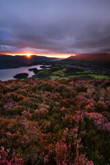 Dramatic sunset overlooking Derwentwater and Keswick seen from a heather filled Walla Crag in The Lake District, UK. - 738611574