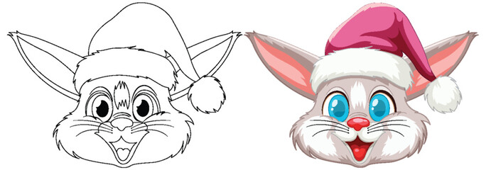 Cartoon rabbit with Santa hat, before and after coloring.