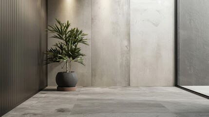 Minimalistic Entrance Hall with Concrete Flooring and Large Potted Plant AI Generated.