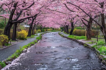 A blooming cherry blossom park with a river flowing through, springtime nature landscape