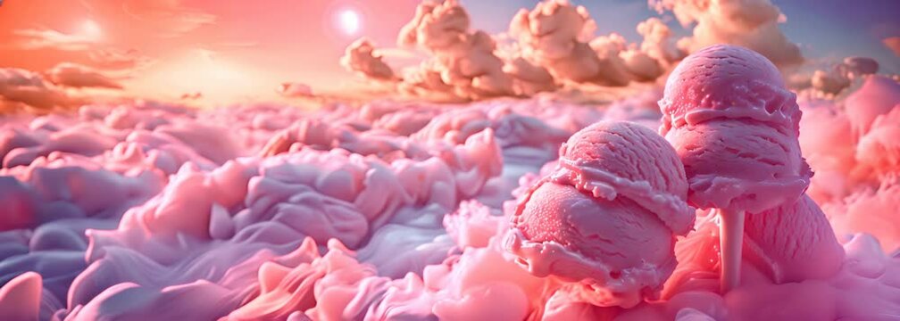 Dreamy Pink Cloudscape Resembling Scoops of Strawberry Ice Cream at Sunset, Ideal for Fantasy and Dessert Themes