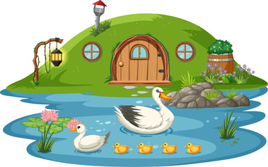 Fototapeta premium Swans and ducklings by a whimsical garden home