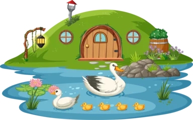 Fototapeten Swans and ducklings by a whimsical garden home © GraphicsRF