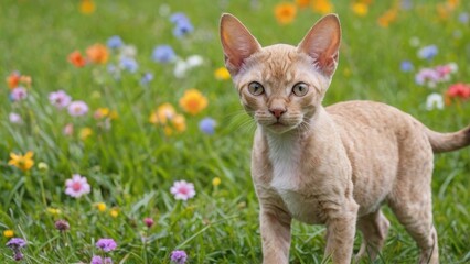 Fawn devon rex cat in flower field