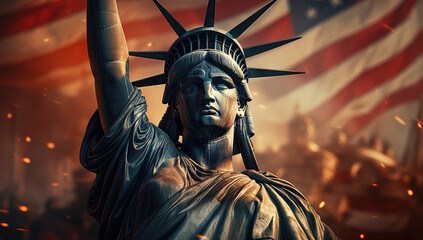 Obraz premium USA Independence Day Concept. Statue of Liberty in front of American Flag extreme closeup.