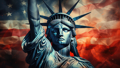 Obraz premium USA Independence Day Concept. Statue of Liberty in front of American Flag extreme closeup.