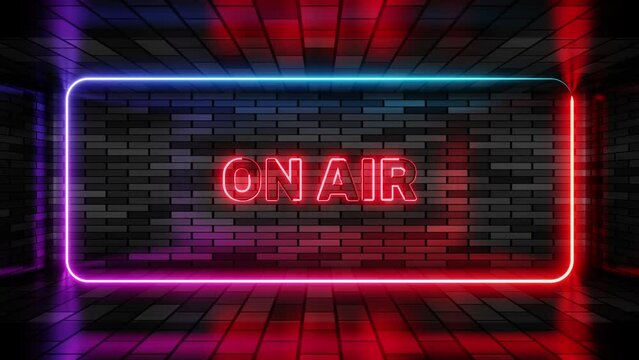 Neon sign on air in speech bubble frame on brick wall background 3d render. Light banner on the wall background. On air loop music or radio emblem, design template, night neon signboard