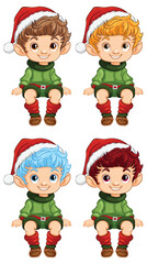 Four cartoon elves with different hair colors.