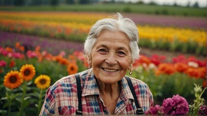 Elderly woman farmer in a colorful flower farm smiling looking at the camera from Generative AI