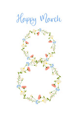 March 8, floral number and caption for your card, congratulations. vector illustration on white background