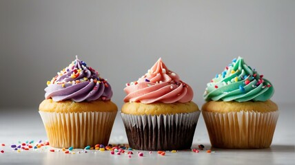 Heart shaped colorful cupcakes with sprinkles on plain white background from Generative AI