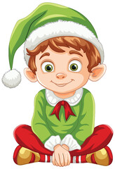 Smiling elf character in Christmas-themed clothing.