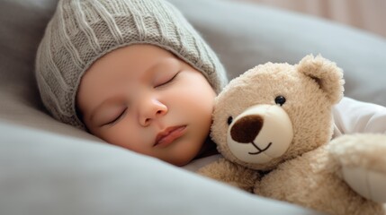 Sleeping Newborn Embraced by Teddy Bear in Knit Hat.