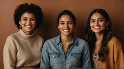 Fototapeta premium Multi ethnic diverse inclusive woman of different ages smiling at camera on brown colored background from Generative AI