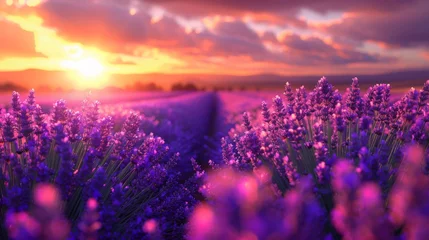 Photo sur Aluminium Violet A field of lavender with a sunset backdrop, creating a tranquil and aromatic nature landscape