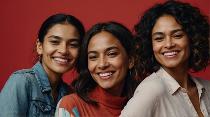 Fototapeta premium Multi ethnic diverse inclusive woman of different ages smiling at camera on plain red background from Generative AI