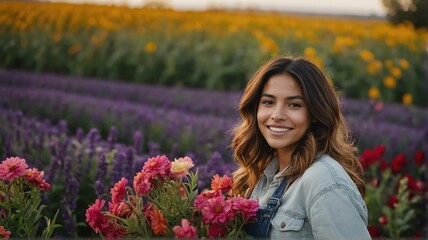 Naklejka premium Young beautiful hispanic woman farmer in a colorful flower farm smiling looking at the camera from Generative AI