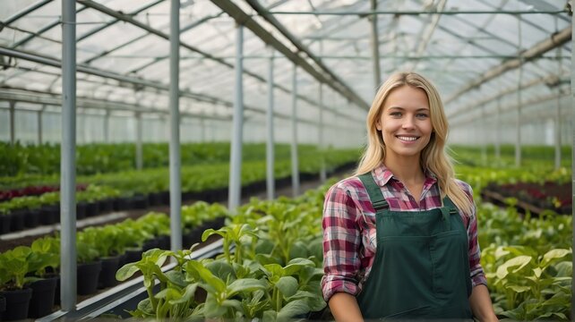 Young beautiful blonde woman farmer inside a greenhouse with plants indoor farm smiling looking at the camera from Generative AI