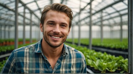 Young handsome caucasian man farmer inside a greenhouse with plants indoor farm smiling looking at the camera from Generative AI