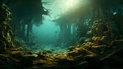 Underwater ancient city scenery. - obrazy, fototapety, plakaty