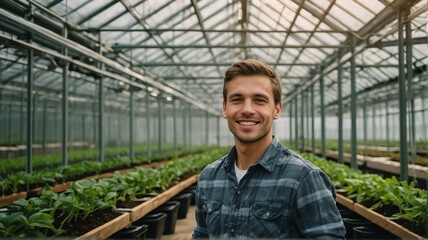 Fototapeta na wymiar Young handsome caucasian man farmer inside a greenhouse with plants indoor farm smiling looking at the camera from Generative AI