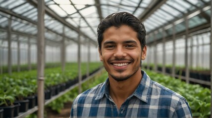 Young handsome hispanic man farmer inside a greenhouse with plants indoor farm smiling looking at the camera from Generative AI