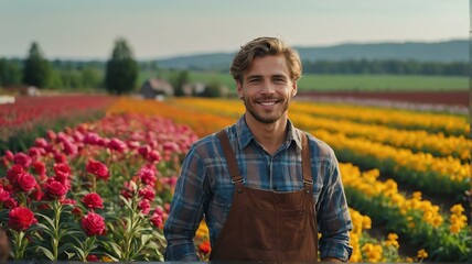 Fototapeta premium Young handsome immigrant man farmer in a colorful flower farm smiling looking at the camera from Generative AI