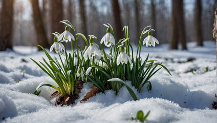 Delicate snowdrop flowers on a snowy forest meadow, nature comes to life. generative AI