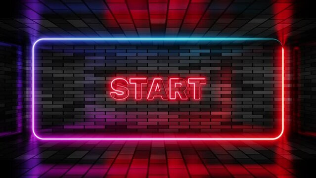 Neon sign start in speech bubble frame on brick wall background 3d render. Light banner on the wall background. Game start begining loop, design template, night neon signboard